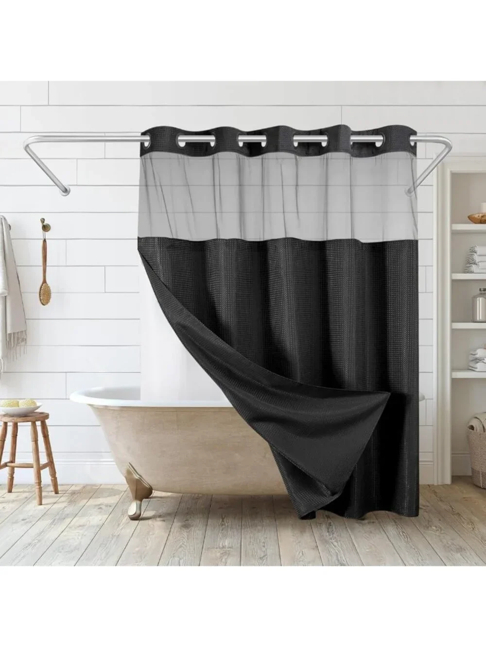 Water-Resistant 72x75 Waffle Shower Curtain with Sheer Panel & Durable Grommets